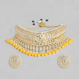 I Jewels Yellow Gold Plated Kundan & Pearls Studded Choker Jewellery Set image 2