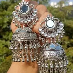 SZN Silver Plated Artificial Studded and Beaded Oxidised Dome Shaped Jhumkas-picture-55