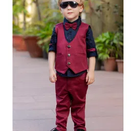 BAD BOYS Full Sleeves Solid Shirt With Waiscoat Pant & Bow - Maroon-image-9