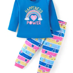 Babyhug Cotton Knit Full Sleeves Night Suit With Text & Stripes Print - Blue-picture-11