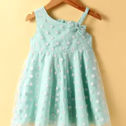 Babyhug Woven Sleeveless Party Frock With Floral Print & Bow Applique - Aqua Blue-picture-14