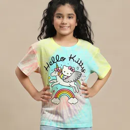 Kidsville Hello Kitty Featuring Half Sleeves Kitty White & Unicorn Printed & Tie Dye Tee - Pink Blue & Yellow-picture-31