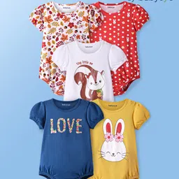 Babyoye Eco Conscious 100% Cotton Knit Half Puffed Sleeves Onesies with Animal & Floral Print Pack of 5 - Red White & Yellow-image-95
