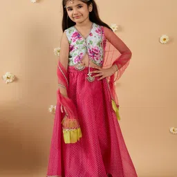Pspeaches Silk Sleeveless Floral Printed & Gota Lace Embellished Lehenga Choli With Dupatta Set - Magenta-picture-20