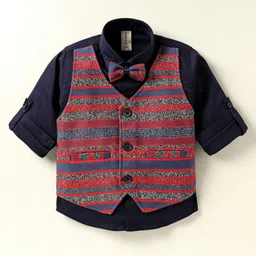 Dapper Dudes Full Sleeves Solid Shirt With Bow & Attached Striped Waistcoat Set - Navy Blue-picture-28