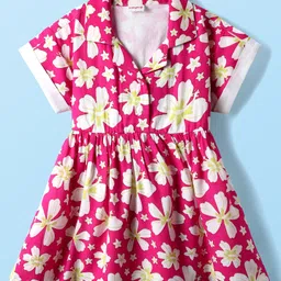 Babyhug Cotton Woven Half Sleeves Frock With Floral Print - Dark Pink-picture-18