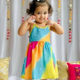 KNITROOT Cotton Blend Woven Sleeveless Bandhani Printed Gota Lace Embellished Halter Neck Dress - Multi Colour-picture-27