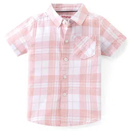 Babyhug Cotton Woven Half Sleeves Checkered Shirt & Shorts Set- Peach & Maroon image 2