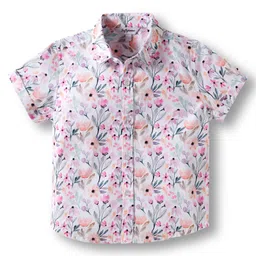 ToffyHouse Cotton Knit Half Sleeves Floral Printed Party Shirt & Shorts Set With Bow & Suspender - Pink image 2