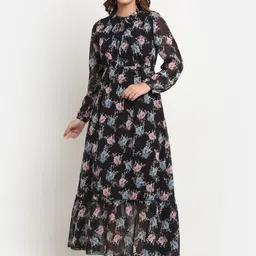 KALINI Floral Printed Keyhole Neck Puff Sleeves Georgette Fit & Flare Dress-image-6