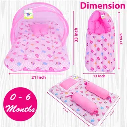 Babytoons New Born Baby Bedding Set Mosquito Net Bed Sleeping Bag & Gaddi Set (0-6 Months) Pink image 3