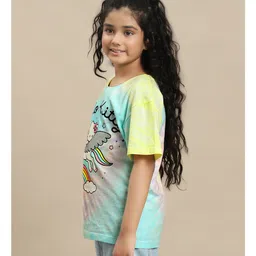 Kidsville Hello Kitty Featuring Half Sleeves Kitty White & Unicorn Printed & Tie Dye Tee - Pink Blue & Yellow image 4