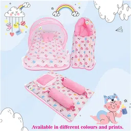 Babytoons New Born Baby Bedding Set Mosquito Net Bed Sleeping Bag & Gaddi Set (0-6 Months) Pink image 4