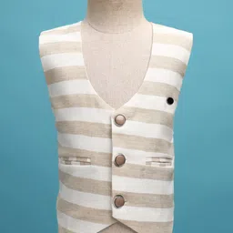 Radutu Full Sleeves Striped 3 Piece Party Suit Set With Bow - Beige & White image 4