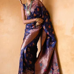 CaniBani Blue Silk Blend Banarasi Sarees image 5