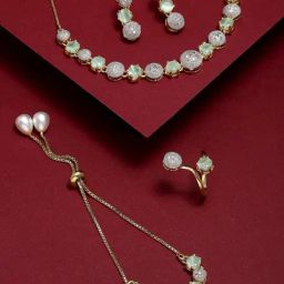 Zeneme Gold Toned Green White Gold Plated AD Studded Jewellery Set-picture-36