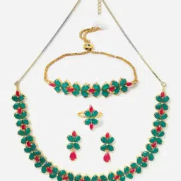 Zeneme Green Red Flower Shaped Gold Plated AD Studded Jewellery Set image 4