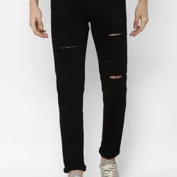 Forever 21 Black Cotton Regular Fit Distressed Jeans image 1