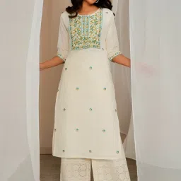 Libas Off-White Cotton Embroidered Straight Kurta image 1