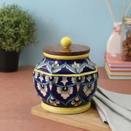 VarEesha Blue Ceramic Jar With Wooden Lid - Set of 1 image 1