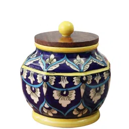 VarEesha Blue Ceramic Jar With Wooden Lid - Set of 1 image 2