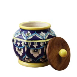 VarEesha Blue Ceramic Jar With Wooden Lid - Set of 1 image 3