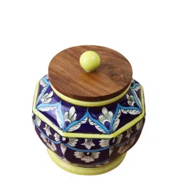 VarEesha Blue Ceramic Jar With Wooden Lid - Set of 1 image 4