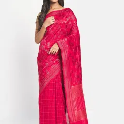 Fabindia Red & Pink Cotton Silk Woven Saree Without Blouse-image-32
