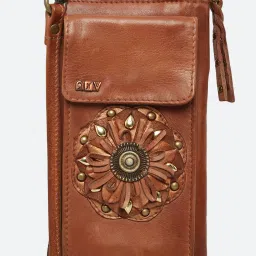 Art N Vintage Insignia Cognac Leather Textured  Zip Around Wallet for Women image 1