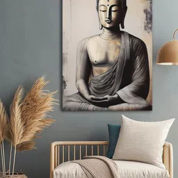 999Store Grey & Beige Buddha Canvas Religious Wall Art image 1