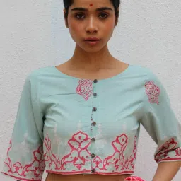 Chidiyaa Turquoise Paakhi From Eden Handblock Printed Cotton Crop Top Blouse image 1