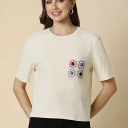 Allen Solly Cream Cotton Embroidered T-Shirt image 1