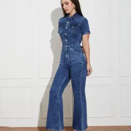 Miss Chase Navy Blue Denim Solid Jumpsuit image 4