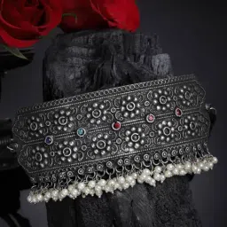 Panash Silver Toned Oxidized Stone Studded Choker-image-46