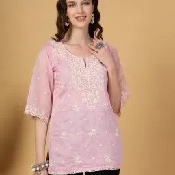 Yufta Pink Organza Embroidered Kurti-image-68