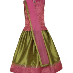 A Little Fable Kids Pink & Green Printed Top, Lehenga with Dupatta image 1