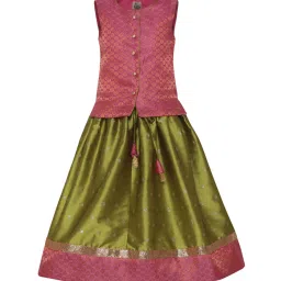 A Little Fable Kids Pink & Green Printed Top, Lehenga with Dupatta image 3