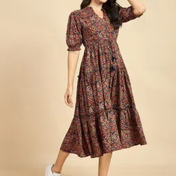 Jash Creation Women Brown Printed V-Neck Puff Sleeves Cotton Causal Anarkali Kurtas-image-99