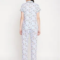 Clovia Blue Printed Cotton Shirt With Pyjamas image 2