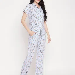 Clovia Blue Printed Cotton Shirt With Pyjamas image 3