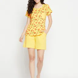 Clovia Yellow Printed Cotton T-Shirt With Shorts image 1