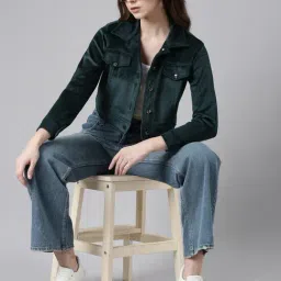 showoffff SHOWOFF Teal Regular Fit Crop Tailored Jacket image 4