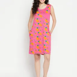 Clovia Pink Printed Cotton Night Dress image 4