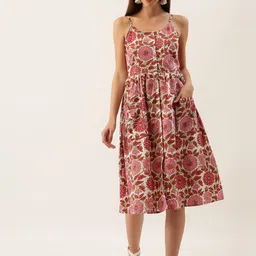 Taavi Off-White & Pink Sanganeri Floral Block Print A-Line Sustainable Dress with Pockets image 5