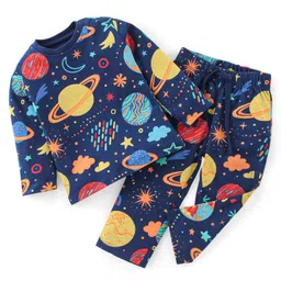 Babyhug Cotton Single Jersey Knit Full Sleeves Night Suit Space Theme - Navy Blue-image-41