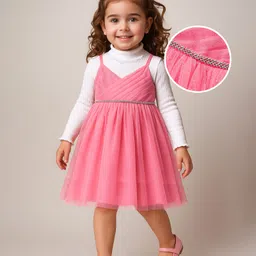 Babyhug Woven Shimmered Party Dress With Full Sleeves Solid Ribbed Inner Tee - Pink & White-image-3