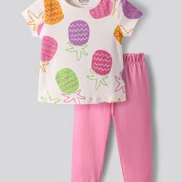 Bonfino 100% Cotton Knit Half Sleeves Night Suit With Tropical Theme Print - Pink & Offwhite-image-67