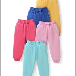 Babyhug Cotton Knit Full Length Brand Text Printed Lounge Pants with Bow Applique Pack of 5 - Pink Blue & Yellow-image-53