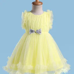 Babyhug Woven Frill Sleeves Party Mesh Dress with Bow Applique & Sequin Detailing - Yellow-picture-14