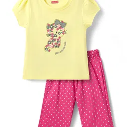 Babyhug Cotton Knit Half Sleeves Capri Night Suit with Kitty & Polka Dots Print - Yellow & Dark Pink-picture-38